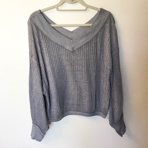 Free People Gray V-Neck Waffle Knit Top